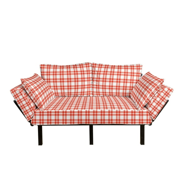 Abstract Futon Couch, Checkered Scottish Pattern Textured Geometric Square Formed Color Lines Art, Daybed with Metal Frame Upholstered Sofa for Living Dorm, Loveseat, Red White, by Ambesonne
