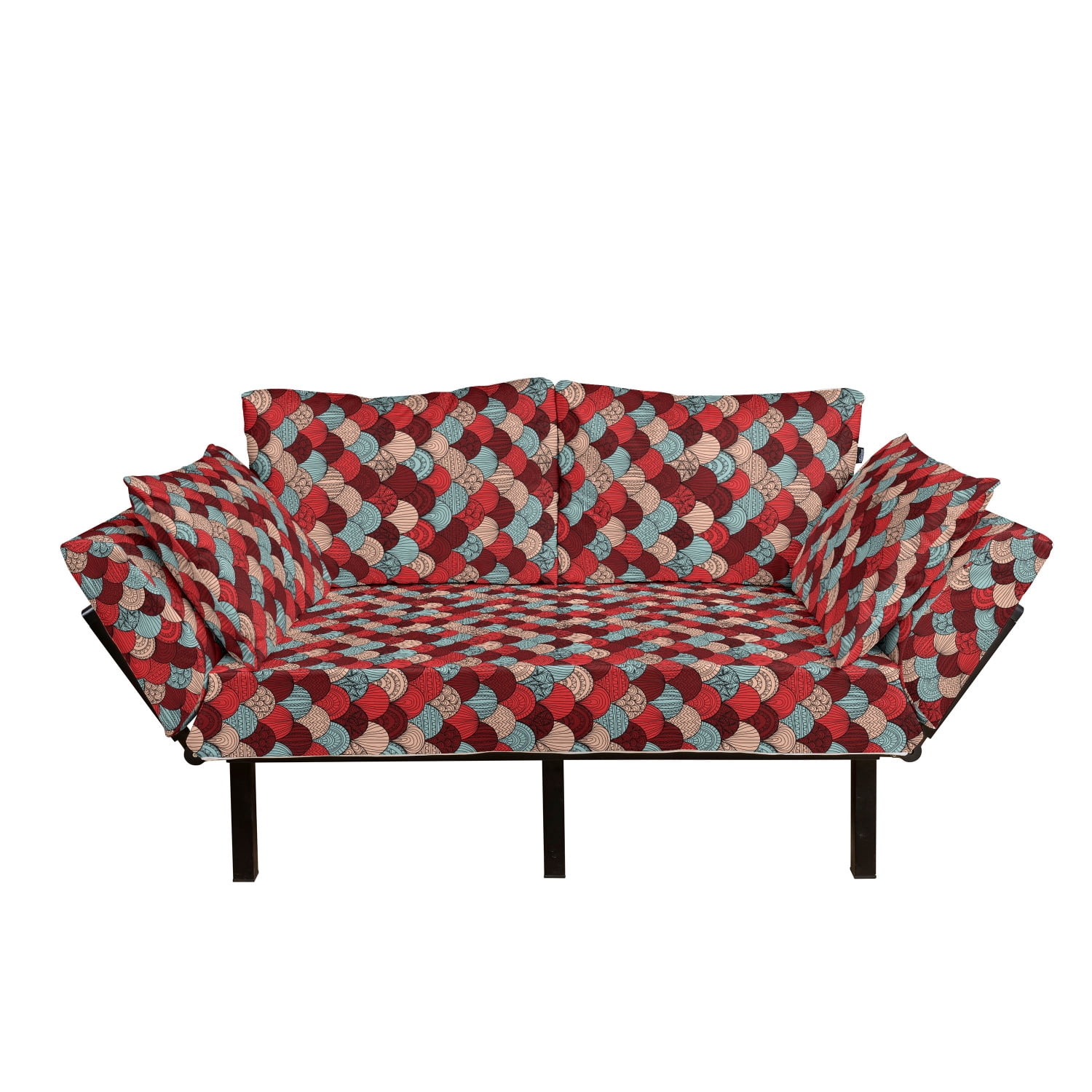 Abstract Futon Couch, Ornamental Waves Scales Pattern with Hand Drawn ...