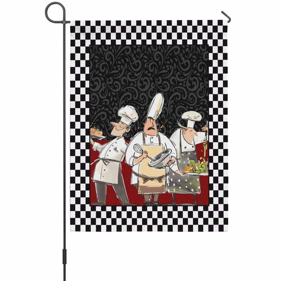 Abstract Garden Flag 12 x 18 Inches, Cartoon Style Chef Black and White Checkered Border Weather Proof Outdoor Patio Flags Double Sided Small Garden Decoration for Yard Outside Home