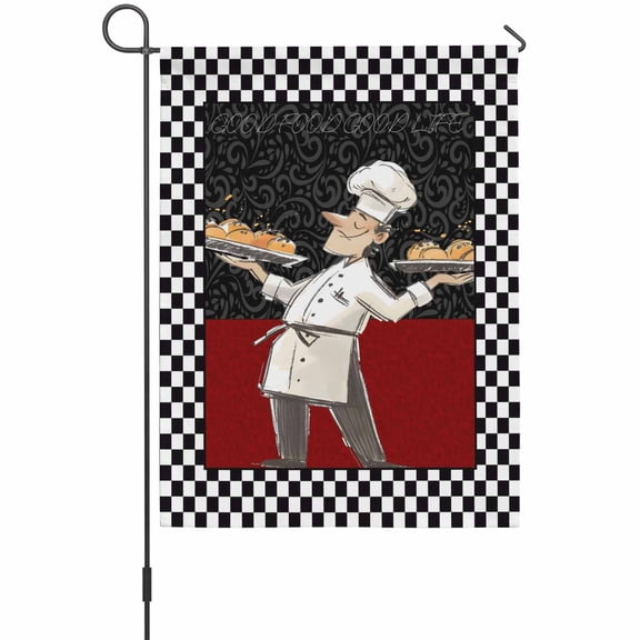 Abstract Garden Flag 12 x 18 Inches, Cartoon Style Chef Bread White Black Checkered Border Weather Proof Outdoor Patio Flags Double Sided Small Garden Decoration for Yard Outside Home