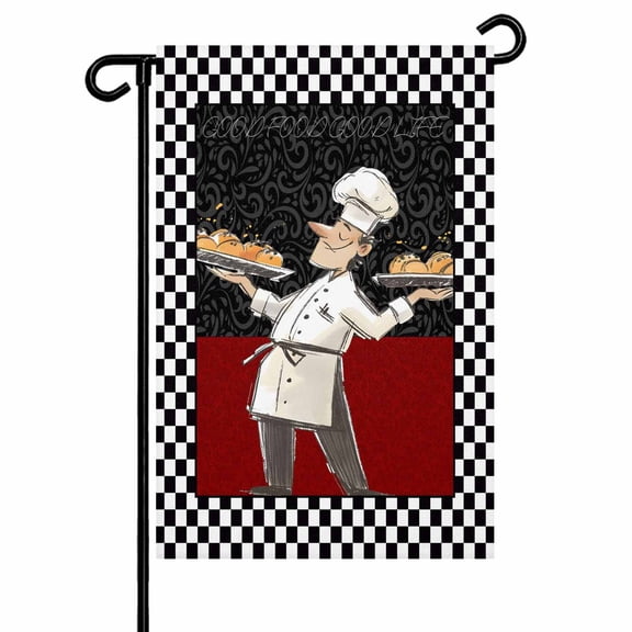Abstract Garden Flag 12x18 Inch Cartoon Style Chef Bread White Black Checkered Border Double Sided Small Decorative Garden Flags for Outside, Outdoor Yard Porch Lawn Decoration