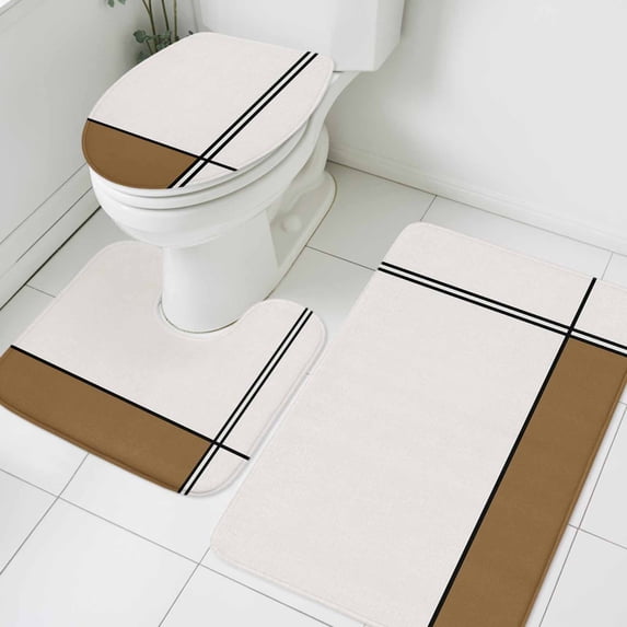 Abstract Gemoetric Bathroom Rugs Set Art Brown Color Block Non Slip Absorbent Soft Bath Mats 3 Piece Set with Bathroom Rug, U-Shaped Floor Mat, Toilet Seat Cover Small Size