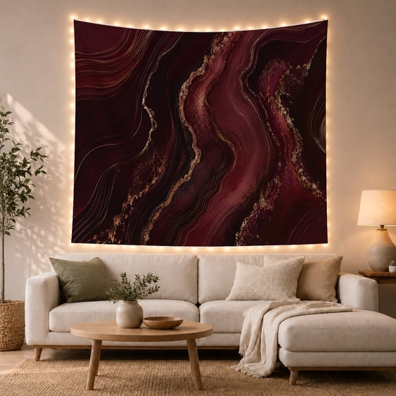 Abstract Geode in Burgundy and Gold with Dark Fluid Motion, Moody Abstract for Art Lovers, Elegant Home Decor Art, Holiday Gift, Tapestry Wall Hanging for Bedroom and Living Room