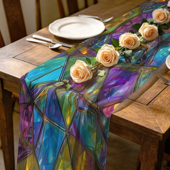 Abstract Geometric 10 ft Cheesecloth Table Runner for Wedding 27"x120", Rainbow Gradient Crystal Color Blocks Modern Kitchen Dinner Sheer Tulle Chiffon Dresser Scarf, Holiday Party Decorations
