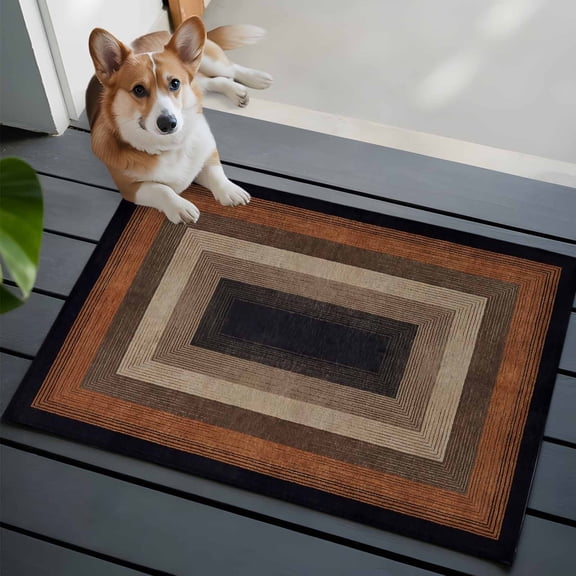 Abstract Geometric 2x3 Area Rugs for Living Room, Black and Brown Wood Grain Texture Border Non Slip Floor Mat Washable Low-Profile Indoor Carpet for Bedroom, Dining Room, Bathroom