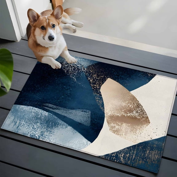 Abstract Geometric 2x3 Area Rugs for Living Room, Dynamic Deep Blue Gold Art Non Slip Floor Mat Washable Low-Profile Indoor Carpet for Bedroom, Dining Room, Bathroom
