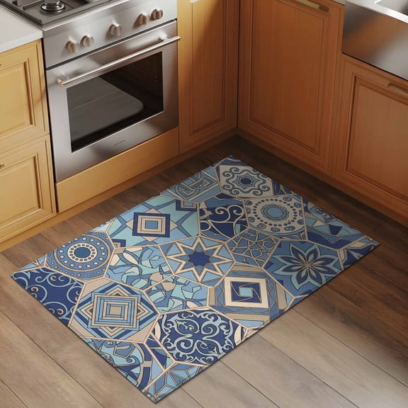 Abstract Geometric 2x3 Rug for Entryway Front Door Kitchen Sink Area, Blue Yellow Flower Polygon Patchwork Art Low Pile Washable Non Slip Rectangle Area Rug