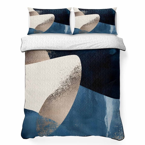 Abstract Geometric 3 Piece Quilt Bedding Set with 2 Pillow Shams, Dynamic Gold Deep Blue Art Lightweight Bedspread Coverlet, Soft Breathable All Season Quilt, 96 x 106 Inch