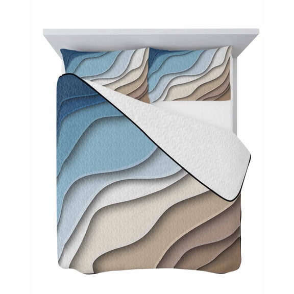 Abstract Geometric 3 Piece Quilt Set Queen Size, Blue Brown Gradient Waves Beach Soft Bedspread Coverlet Bedding Set Microfiber Lightweight Comforter Set with 2 Pillowcases for Bedroom