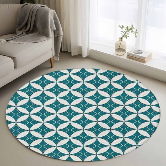 Abstract Geometric 3ft Area Rug, Vintage Rhombus Circle Texture Green Washable Non-Slip Small Round Rugs for Entryway Bedroom Kitchen, Soft Circle Carpet for Dining Room, Playroom Nursery Rug