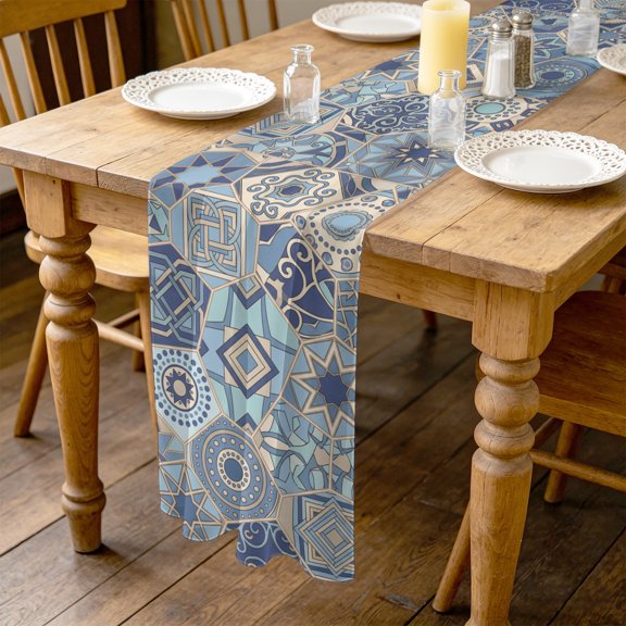 Abstract Geometric 4.5ft Cheesecloth Table Runner for Wedding 19"x55", Blue Yellow Flower Polygon Patchwork Art Kitchen Dinner Sheer Tulle Chiffon Dresser Scarf, Holiday Party Decorations