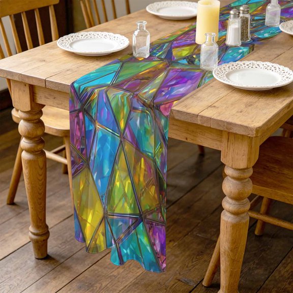 Abstract Geometric 4.5ft Cheesecloth Table Runner for Wedding 19"x55", Rainbow Gradient Crystal Color Blocks Modern Kitchen Dinner Sheer Tulle Chiffon Dresser Scarf, Holiday Party Decorations