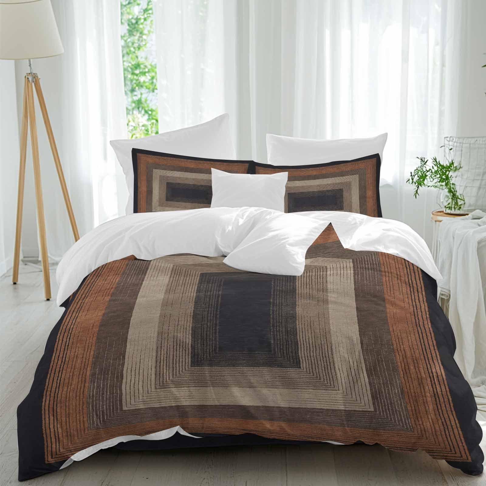 Abstract Geometric 4 Piece Duvet Cover Set Queen Size Black and Brown ...