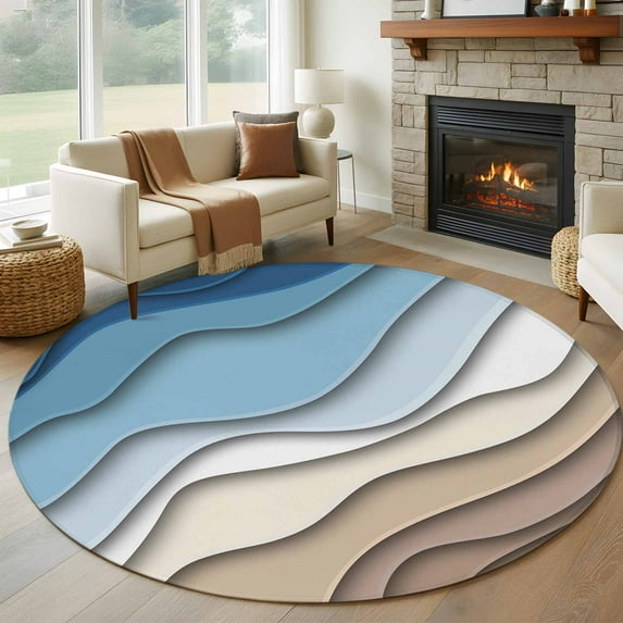 Abstract Geometric 5FT Round Area Rugs for Living Room Blue Brown Gradient Waves Beach Ultra-Thin Non-Slip Round Rugs Machine Washable Low Pile Circle Carpet for Bedroom Kitchen Nursery