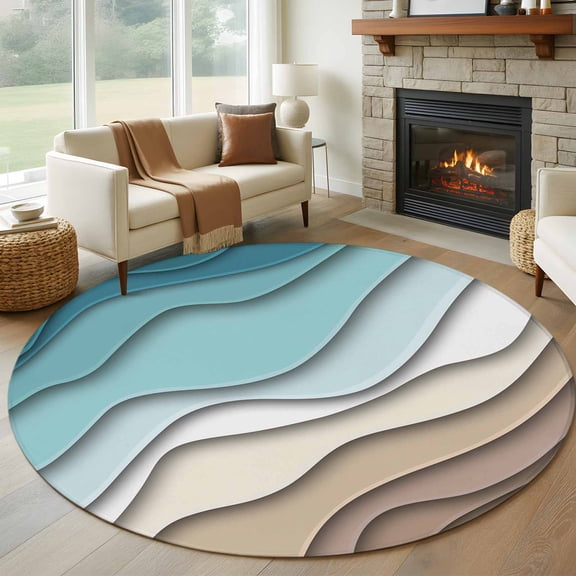 Abstract Geometric 5FT Round Area Rugs for Living Room Teal Brown Gradient Waves Beach Ultra-Thin Non-Slip Round Rugs Machine Washable Low Pile Circle Carpet for Bedroom Kitchen Nursery