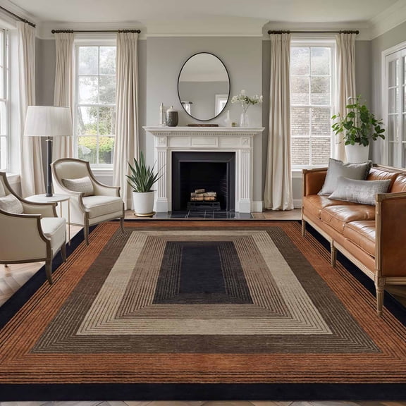 Abstract Geometric 5x7 Area Rugs for Living Room, Black and Brown Wood Grain Texture Border Non Slip Floor Mat Washable Low-Profile Indoor Carpet for Bedroom, Dining Room, Bathroom