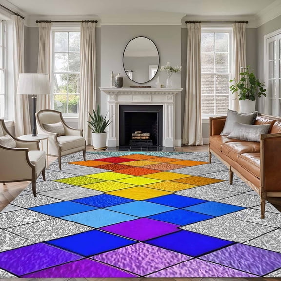 Abstract Geometric 5x7 Rug for Living Room Sofa and Coffee Table Layout, Modern Gradient Argyle Glass Colored Blocks Washable Non Slip Rectangle Area Rug