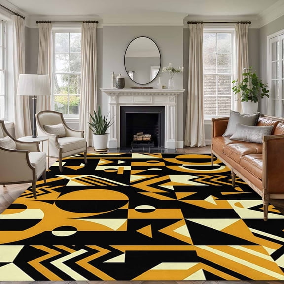 Abstract Geometric 8'x10' Large Area Rugs Yellow Bold Shapes Graphic Modern Black Cream Washable Area Rugs Non-Slip Indoor Floor Mats Large Carpet for Living Room Bedroom Dining Room