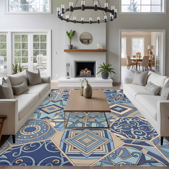 Abstract Geometric 8x10 Area Rug for Living Room Sectional Sofa, Blue Yellow Flower Polygon Patchwork Art Washable Non Slip Large Rectangle Area Rug