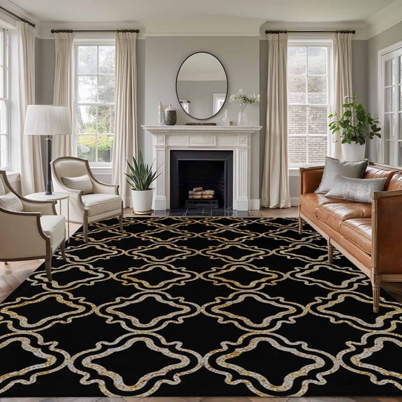 Abstract Geometric 8x10 Area Rugs for Living Room, Modern Gold and Black Retro Plaid Texture Non Slip Floor Mat Washable Low-Profile Indoor Carpet for Bedroom, Dining Room, Bathroom