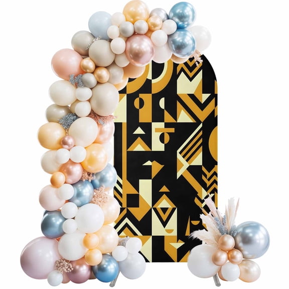 Abstract Geometric Arch Backdrop Cover 4 FT Yellow Bold Shapes Graphic Modern Black Cream Stretchy Elastic Arch Stand Covers Spandex Arched Background Birthday Wedding Party Decoration (No Stand)