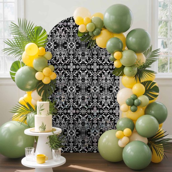 Abstract Geometric Arch Backdrop Cover, 4FT, Flowers Floral Black Texture Spandex Arch Covers Double-Sided Backdrop for Wedding Birthday Party Photo Background Decoration
