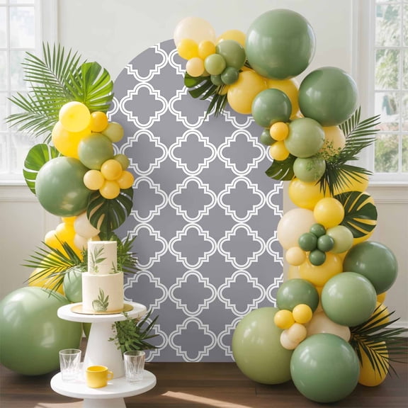 Abstract Geometric Arch Backdrop Cover, 6.6FT, Gray Moroccan Trellis Spandex Arch Covers Double-Sided Backdrop for Wedding Birthday Party Photo Background Decoration