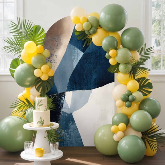 Abstract Geometric Arch Backdrop Cover, 7.2FT, Dynamic Blue Gold Beige Art Spandex Arch Covers Double-Sided Backdrop for Wedding Birthday Party Photo Background Decoration