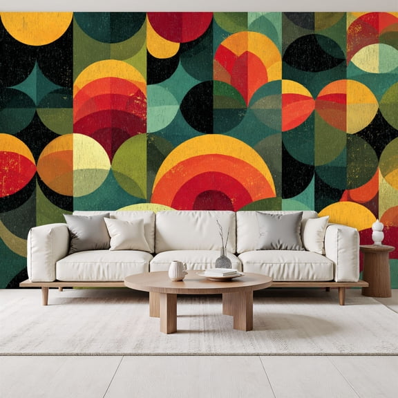 Abstract Geometric Arch Colorful Circles Retro Modern Shapes Peel and Stick Wall Murals 69"H x 96"W Removable PVC Wallpaper Self-Adhesive Wall Paintings for Bedroom Living Room