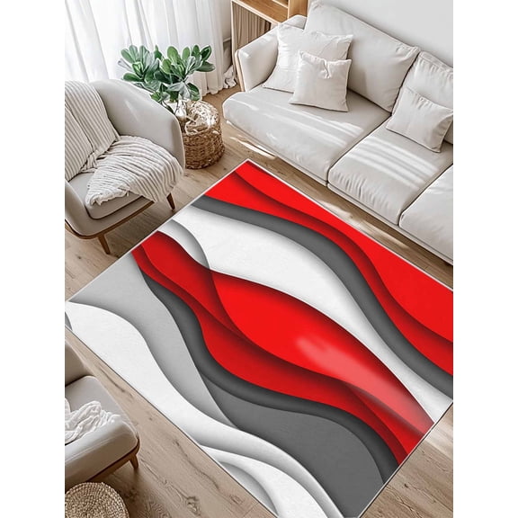 Abstract Geometric Area Rug for Bedroom 2.7x5 Ft Red Gray Gradient Waves Contemporary Super Soft fuzzy Throw Rug Non-Slip Fluffy Plush Indoor Floor Carpet for Living Room Nursery Home Decor