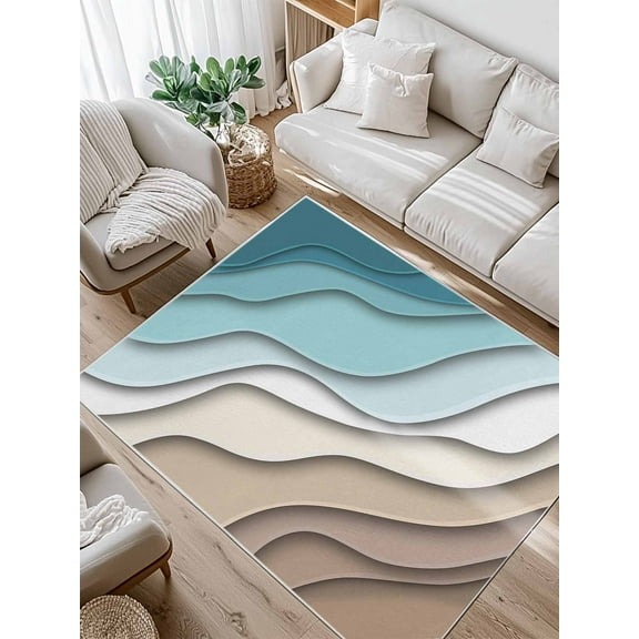 Abstract Geometric Area Rug for Bedroom 2.7x5 Ft Teal Brown Gradient Waves Beach Super Soft fuzzy Throw Rug Non-Slip Fluffy Plush Indoor Floor Carpet for Living Room Nursery Home Decor