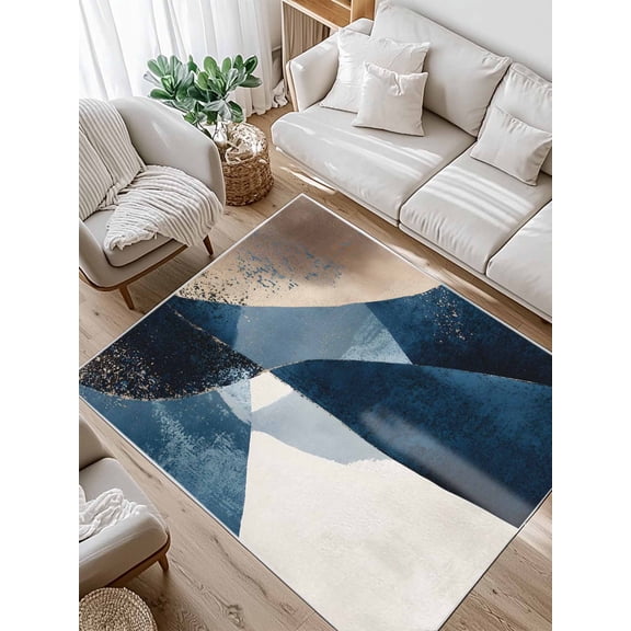 Abstract Geometric Area Rug for Bedroom 4x6 Ft Dynamic Blue Gold Beige Art Super Soft fuzzy Throw Rug Non-Slip Fluffy Plush Indoor Floor Carpet for Living Room Nursery Home Decor