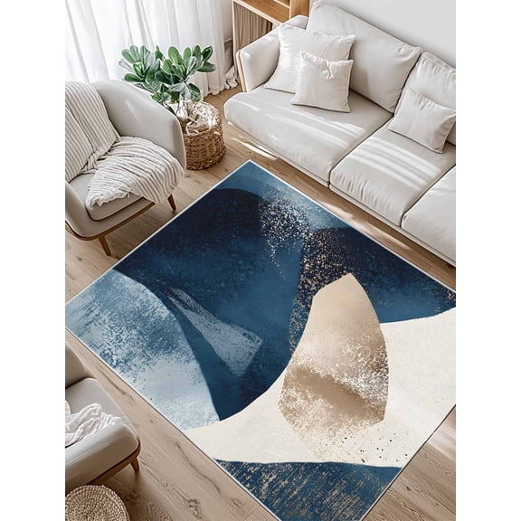 Abstract Geometric Area Rug for Bedroom 4x6 Ft Dynamic Deep Blue Gold Art Super Soft fuzzy Throw Rug Non-Slip Fluffy Plush Indoor Floor Carpet for Living Room Nursery Home Decor