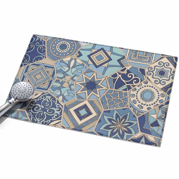Abstract Geometric Area Rug, Blue Yellow Flower Polygon Patchwork Art Non-Slip Felt Rubber Backing Rectangle Indoor Carpet Washable Rugs for Living Room Bedroom 2x3ft