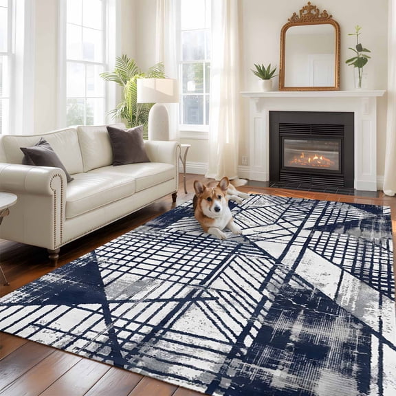 Abstract Geometric Area Rug, Navy Blue Intersecting Lines Grids Modern Non-Slip Felt Rubber Backing Rectangle Indoor Carpet Washable Rugs for Living Room Bedroom 6x9ft
