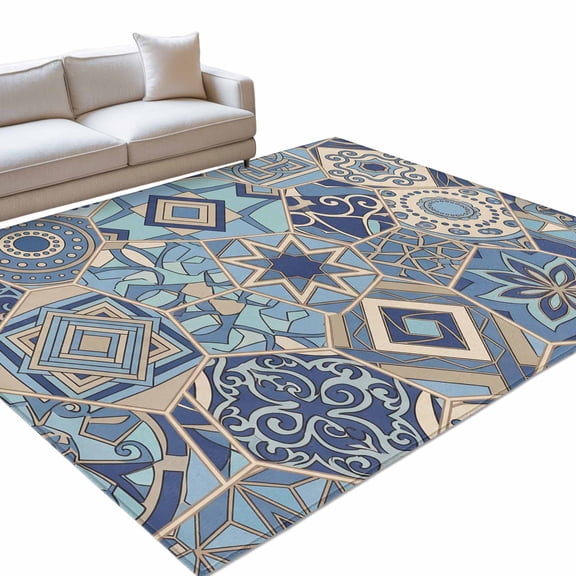 Abstract Geometric Area Rugs 6x9ft Blue Yellow Flower Polygon Patchwork Art Floor Rug Non Slip Low Pile Ultra Soft Throw Carpet for Entryway Indoor Entrance Kitchen Bathroom