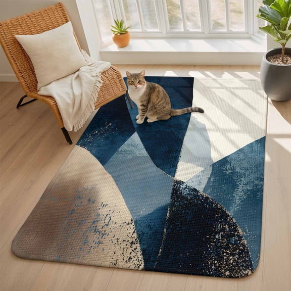 Abstract Geometric Area Rugs for Living Room 5x6, Dynamic Blue Gold Beige Art Washable Area Rug with Non Slip Backing, Stain Resist Linen Carpet for Bedroom, Dining Room, Entryway, Entrance