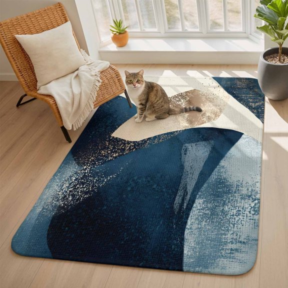 Abstract Geometric Area Rugs for Living Room 5x7, Dynamic Deep Blue Gold Art Washable Area Rug with Non Slip Backing, Stain Resist Linen Carpet for Bedroom, Dining Room, Entryway, Entrance