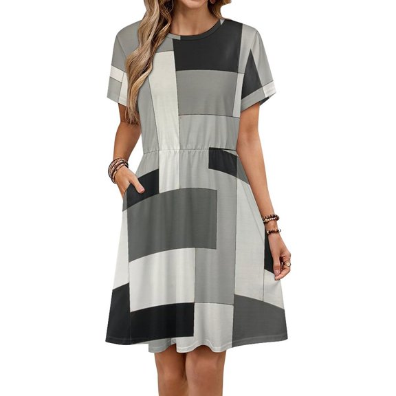 Abstract Geometric Art Beige Black Grey Short Sleeve Dress Women Summer Evening Dresses Ladies Sundress