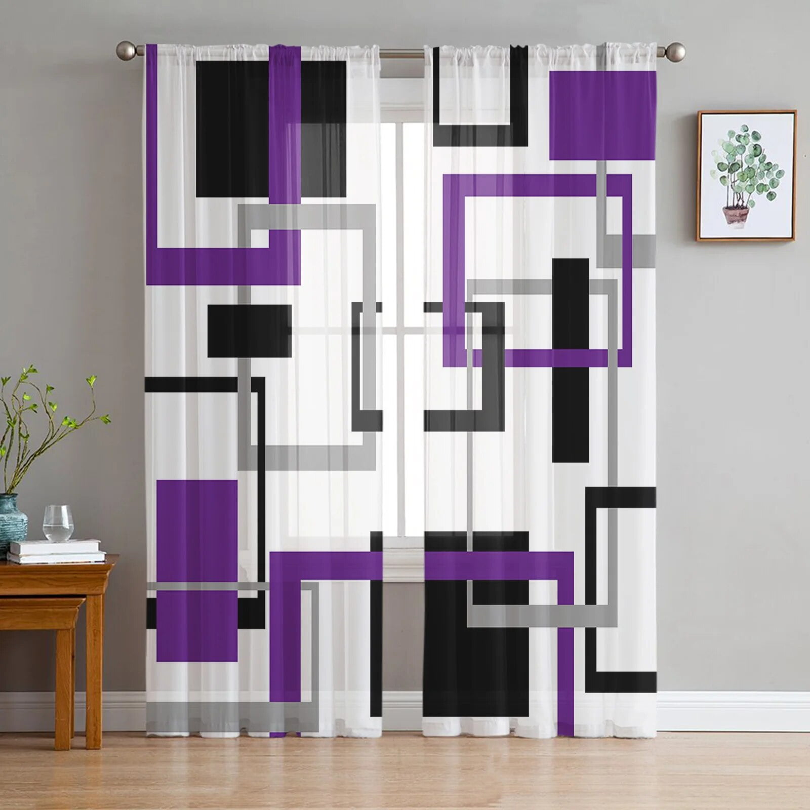 Abstract Geometric Art Black Purple Tulle Voile Curtains For Bedroom