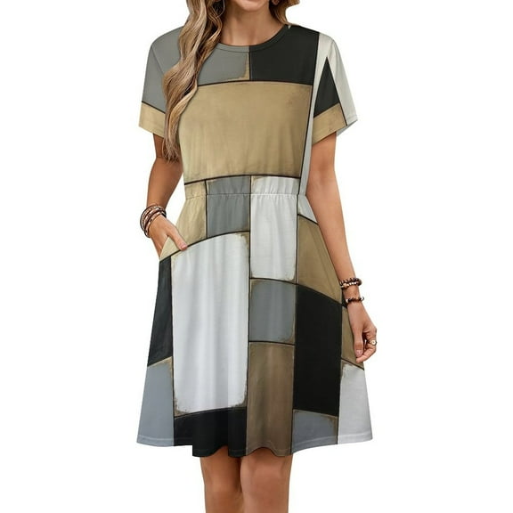 Abstract Geometric Art, Gray Black Gold Dress Summer Street Style Dresses Female Short Sleeve Printed Sundress