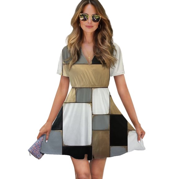 Abstract Geometric Art, Gray Black Gold Women Dress V-Neck Short Sleeve Flowy Swing Party Midi Dress
