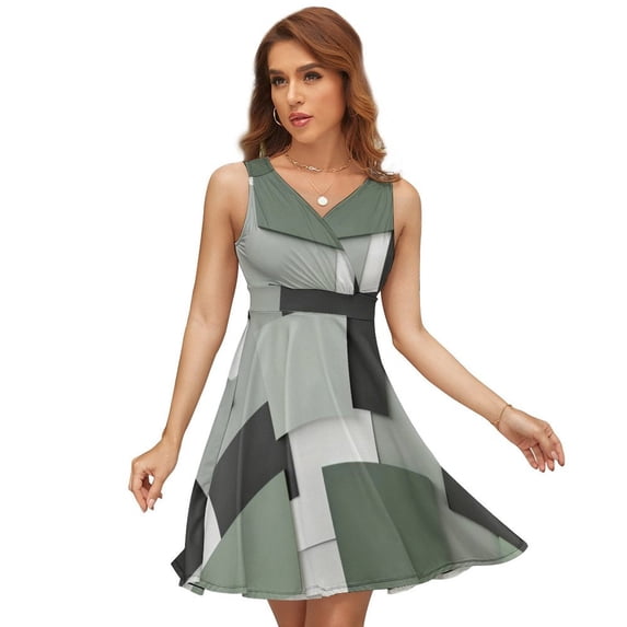 Abstract Geometric Art Green Black Grey Dress Summer Street Style Dresses Female Sleeveless Printed Sundress