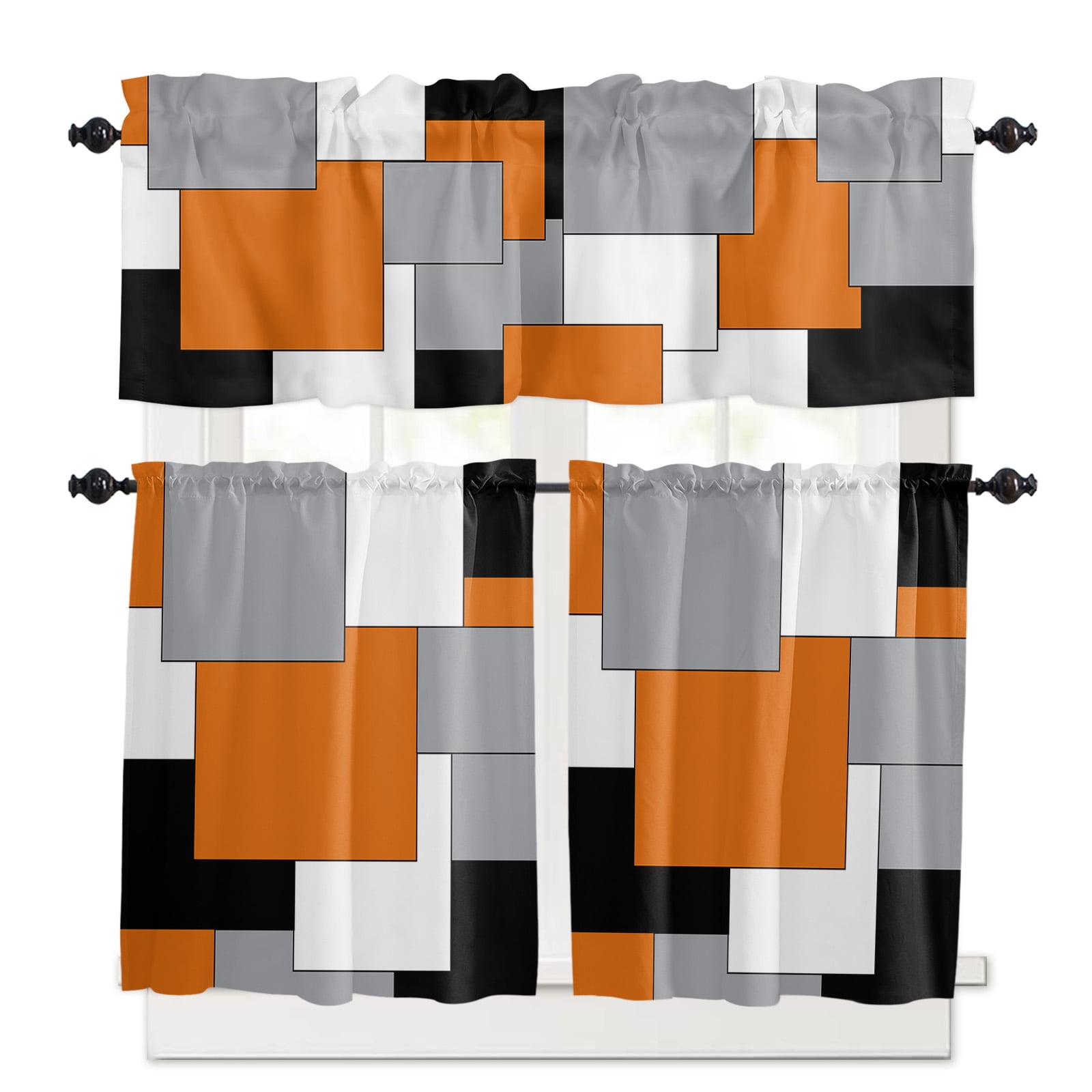 Abstract Geometric Art Kitchen Curtain Set, Orange Black Gray Window