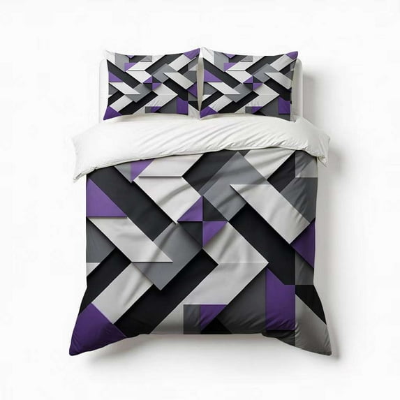 Abstract Geometric Art Purple Black Grey Bedding Set 3 Pcs Soft Microfiber Quilt Cover For Bedroom Decor, Comforter Cover With 2 Pillowcase