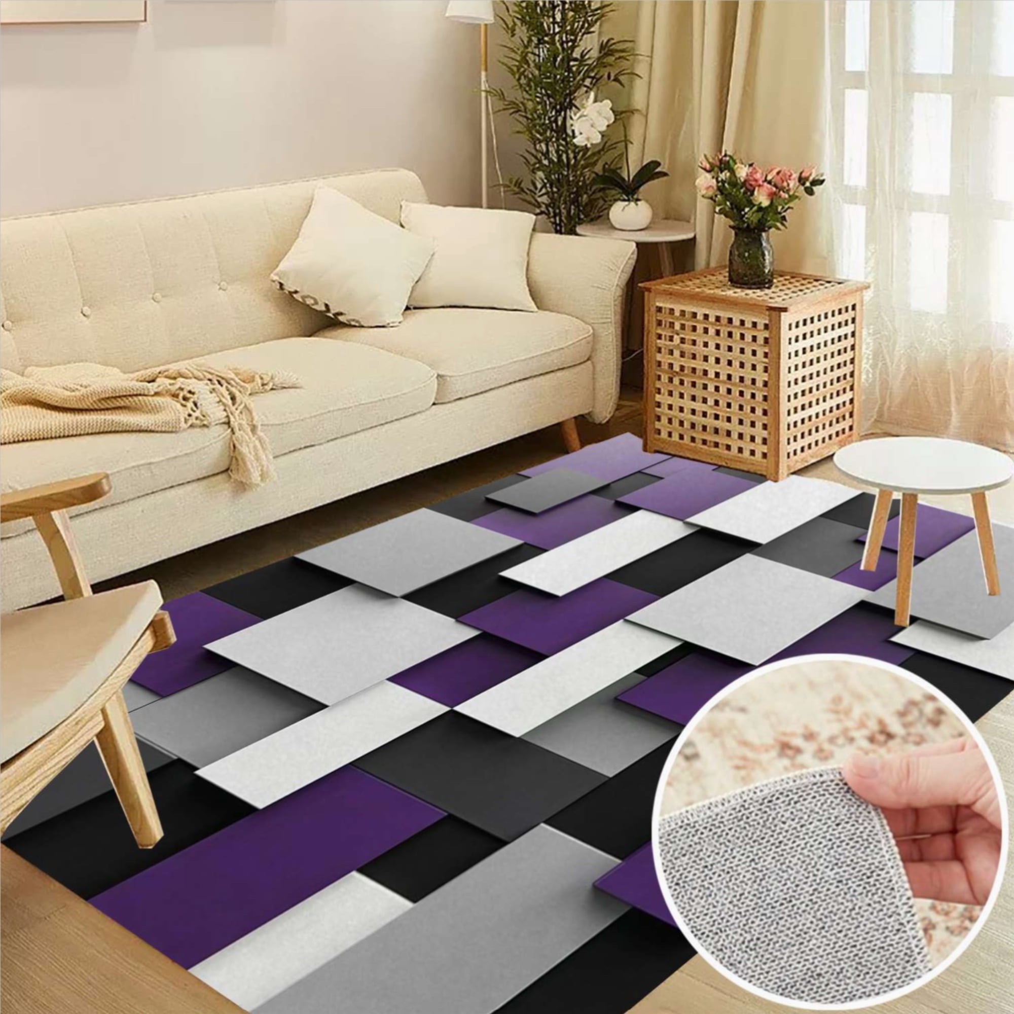 Abstract Geometric Art, Purple Black Grey Soft Large Area Rugs Washable ...