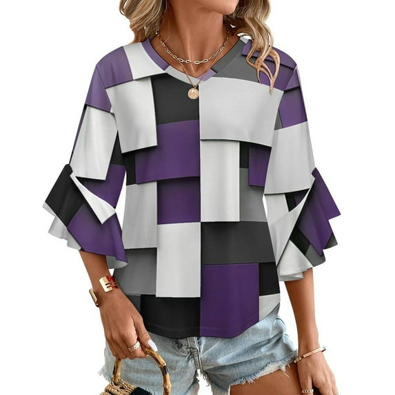 Abstract Geometric Art, Purple Black Grey Women's V-Neck Blouse With 3/4 Ruffled Bell Sleeves Casual Top Ladies Blouses
