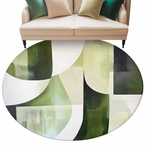 Abstract Geometric Art Round Area&nbsp;Rug 6ft Watercolor Green Black Blend Non-Slip&nbsp;Washable Circle Rugs Soft Felt Indoor Floor Mat for Bedroom Kitchen Living Room Bathroom