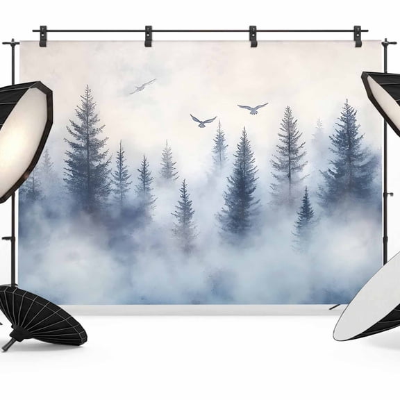 Mountain Peak Forest Backdrop for Photography, Silhouette Tree Birds Photo Backdrop Portrait Background Party Banner Photo Backgrounds for Studio Booth Props, 7x5ft