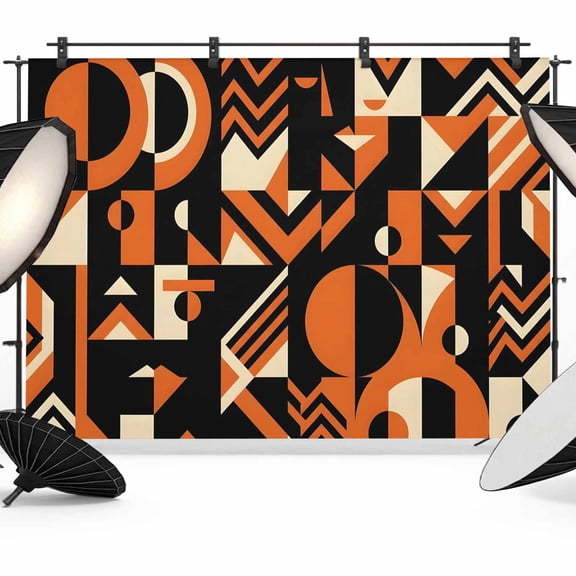 Abstract Geometric Backdrop for Photography, Orange Bold Shapes Graphic Modern Black Cream Photo Backdrop Portrait Background Party Banner Photo Backgrounds for Studio Booth Props, 12x8ft